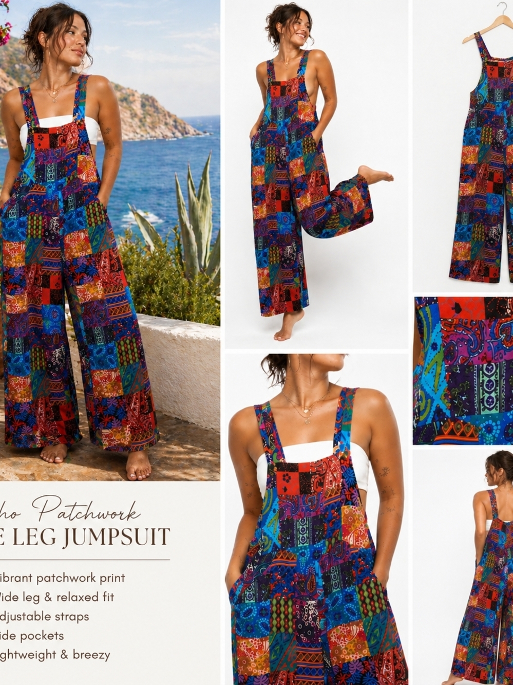 NWOT Boho Patchwork Print Wide Leg Overalls Jumpsuit M Hippie Resort Summer...